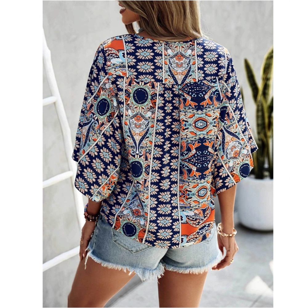 Printed Blue Multicolor Batwing Sleeve V-Neck Blouse Top - Picture 2 of 7